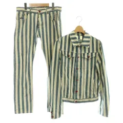 ヴィヴィアンウエストウッド Vivienne Westwood ストライプ柄セットアップライカ期 ジャケット パンツ ステンカラー テーパード リネン混 46 ブルー アイボリー /CX ■OSのサムネイル