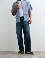 エイソス メンズ ボトムス デニムパンツ ジーンズ ASOS DESIGN loose straight jeans in dark wash blue with pleats and buckleのサムネイル