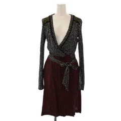 ダイアンフォンファステンバーグ DIANE von FURSTENBERG ワンピース ひざ丈 長袖 Vネック ドット柄 シルク 0 黒 赤 /BMのサムネイル