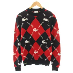 ラコステ ライブ Lacoste L!VE ビッグチェックモノグラムニットセータ クルーネック 長袖 総柄 XS 紺 ネイビー 赤 レッド AH9013 /YTのサムネイル