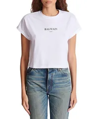 バルマン レディース トップス シャツ プリント Tシャツ クロップド Cropped TShirt with Balmain Print White ホワイトのサムネイル