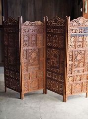 逸品 アンティーク バリ島 木彫り 4連 パーテーション アジアン 透かし
