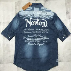 【未使用品・タグ付き】Norton ノートン タンガリー 刺繍 デニムシャツ 半袖シャツ Мサイズ インディゴ ブルー ストレッチ素材 伸縮性 ユニオンジャック バイカー モーターサイクル アメカジ バック刺繍ENGLANDのサムネイル
