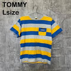 [k-817]TOMMY 토미 L사이즈 보더 반소매 T셔츠 포켓 첨부 블루 옐로우 그레이 캐주얼 코튼 단골