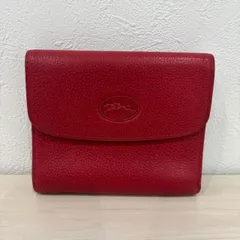 （o2237）LONGCHAMP ロンシャン フランス 高級ラグジュアリー 三つ折り財布 シボレザー コンパクトウォレット お札入れ 小銭入れ カードポケット レッドカラーのサムネイル