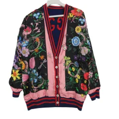 GUCCI グッチ カーディガン 長袖 Vネック ニット ジャケット GG柄 花柄 フラワー フローラル ウール シルク リバーシブル マルチカラー S メンズ レディース 【中古】のサムネイル