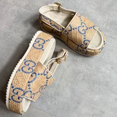 GUCCI プラットフォーム ラフィア サンダル 厚底 GG ベージュ ブルー 35 1/2 レディースシューズ 22.5cmのサムネイル