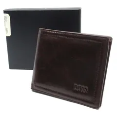 ヒューゴボス HUGO BOSS MIKE レザー 二つ折り 財布 札入れ シャイニー ビルフォールド ダークブラウン 美品のサムネイル