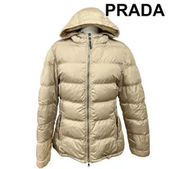 ◆ プラダ PRADA ダウンジャケット 長袖 ハイネック フード付き ショート丈 ダブルジップ ベージュ M 9号 レディース S6I687のサムネイル