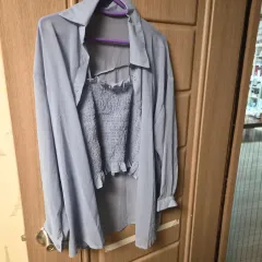 スカイブルー シャツ クロップド ニット セットのサムネイル