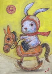 高野マナブ 原画｜[木馬とウサギ] Drawing A4 アクリル 一点物 高野学 Manabu Takano 髙野學 Moon Sun Rabbit 月と太陽とウサギ Louvre Uffizi Japan 台湾 現代美術家