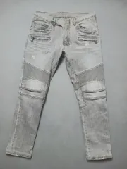 34 BALMAIN バルマン グレーウォッシュ ダメージ バイカー スリムジーン デニムのサムネイル