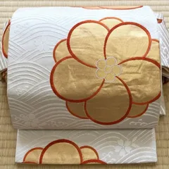 【逸品】正絹 袋帯 生成り 金糸 青海に梅◇青海波 ねじ梅 振袖/訪問着/色無地/付下げ/フォーマル/結婚式[あE559]のサムネイル