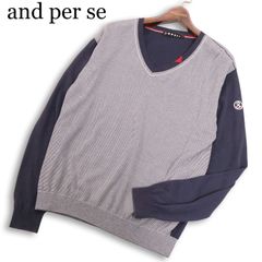 and per se アンパスィ ゴルフ 通年★ Vネック ロゴ刺繍 ボーダー切替 ニット セーター 日本製 Sz.L メンズ 紺