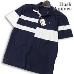 【新品 未使用】 Hush Puppies ハッシュパピー 春夏★ 半袖 鹿の子 ボーダー 切替 ロゴ刺繍 ポロシャツ Sz.L メンズのサムネイル