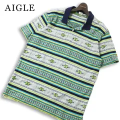 AIGLE エーグル 春夏★ 半袖 ネイティブ柄 ボーダー ロゴ刺繍 ポロシャツ 大きいサイズ Sz.XL メンズ 灰 アウトドアのサムネイル