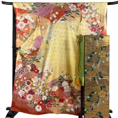振袖 身丈161.5cm 裄丈66.5cm M 袷 袋帯フルセット 牡丹 草花 金糸 金彩 黄色 正絹 秀品 【中古】のサムネイル