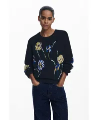 デジグアル レディース アウター ニット・セーター 刺繍 Desigual Womens Jacquard sweater with embroidered flowers Black ブラックのサムネイル