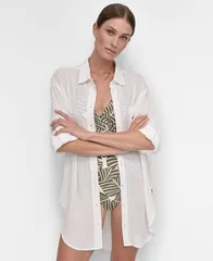 ダナ キャラン ニューヨーク レディース トップス シャツ DKNY Womens Gauze Collared ButtonFront Beach Shirt Soft White ホワイトのサムネイル