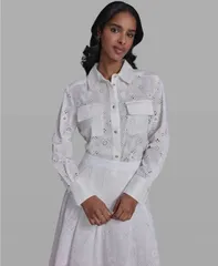 【送料無料】 カール ラガーフェルド レディース シャツ トップス Womens Collared Eyelet LongSleeve Blouse Soft Whiteのサムネイル