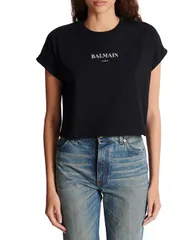 バルマン レディース トップス シャツ プリント Tシャツ クロップド Cropped TShirt with Balmain Print Black ブラックのサムネイル