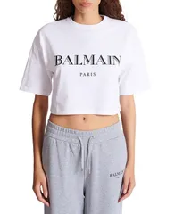 バルマン レディース トップス シャツ プリント Tシャツ クロップド Boxy Cropped TShirt with Balmain Print White ホワイトのサムネイル