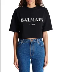 バルマン レディース トップス シャツ プリント Tシャツ クロップド Boxy Cropped TShirt with Balmain Print Black ブラックのサムネイル