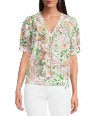 カール ラガーフェルド レディース トップス シャツ Vネック プリント コットン KARLAGERFELD PARIS Cotton Voile Printed VNeck Short Sleeveのサムネイル