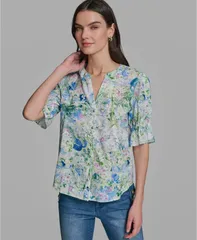 カール ラガーフェルド レディース トップス シャツ Vネック プリント 半袖 KARLAGERFELD PARIS WomenshortSleeve VNeck Printed Shirt Skyのサムネイル