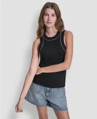 ダナキャランニューヨーク レディース トップス タンクトップ クルーネック DKNY Jeans Womens Crew Neck Tank Top With Dome Studs Black ブラッのサムネイル