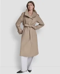 ダナ キャラン ニューヨーク レディース アウター コート DKNY Womens Belted Funnel Collar Long Trench Coat Khaki カーキのサムネイル