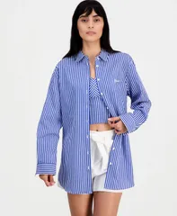 ゲス レディース トップス シャツ コットン GUESS Womens Tecla Cotton Oversized Shirt VERTICAL BLUEWHT STRIPE ブルーのサムネイル