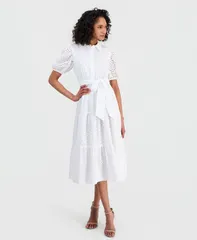 アンクライン レディース トップス シャツ パフスリーブ ミディ Anne Klein Womens PuffSleeve Midi Eyelet Shirtdress Crisp White ホワイのサムネイル