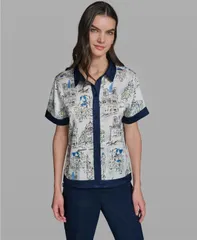 カール ラガーフェルド レディース トップス シャツ プチ プリント 半袖 KARLAGERFELD PARIS WomenshortSleeve Collared Printed Camp Shirのサムネイル
