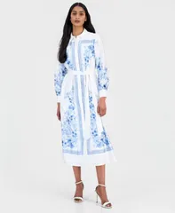 アンクライン レディース トップス シャツ プリント ミディ Anne Klein Womens Printed TieWaist Midi Shirtdress Crisp White Multiのサムネイル