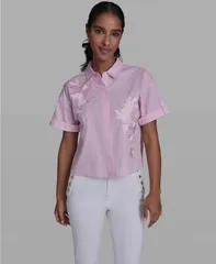 カール ラガーフェルド レディース トップス シャツ 半袖 ブラウス KARLAGERFELD PARIS Womens Collared ShortSleeve Blouse PinkWhite Sのサムネイル