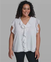 カール ラガーフェルド レディース トップス シャツ Vネック フリル ブラウス KARLAGERFELD PARIS Womens Ruffle Rosette Trim VNeck Blouseのサムネイル