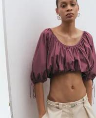 マンゴ レディース トップス シャツ パフスリーブ クロップド ブラウス MANGO Womens PuffSleeved Cropped Blouse Cherryのサムネイル