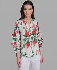 カール ラガーフェルド レディース トップス シャツ プリント 長袖 KARLAGERFELD PARIS Womens Printed LongSleeve Top Soft White Multiのサムネイル
