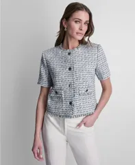 ダナ キャラン ニューヨーク レディース アウター ジャケット・ブルゾン ツイード クロップド DKNY Womens Tweed ButtonFront Cropped Jacket Blue Muのサムネイル