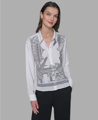 カール ラガーフェルド レディース トップス シャツ ボタンダウン プリント ダウン レース KARLAGERFELD PARIS Womens Placed Print Button Down Toのサムネイル