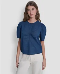 ダナキャランニューヨーク レディース トップス シャツ クルーネック ギャザー 半袖 DKNY Jeans Womens Puff ShortSleeve Crew Neck Ruched Shirtのサムネイル