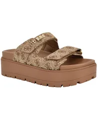 ゲス レディース シューズ サンダル プラットフォーム GUESS Womens Faxon Platform Lug Sole Footbed Sandals Brown Logo ブラウンのサムネイル