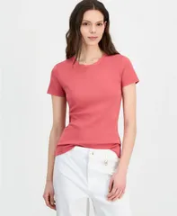 ナウティカ レディース トップス Tシャツ 半袖 コットン Nautica WomenscallopTrim Cotton ShortSleeve TShirt Mineral Red レッドのサムネイル