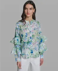カール ラガーフェルド レディース トップス シャツ プリント 長袖 KARLAGERFELD PARIS Womens LongSleeve Colla red Printed Shirt Skyのサムネイル