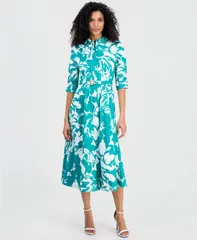 アンクライン レディース トップス シャツ ミディ Anne Klein Womens ElbowSleeve Waistuck Midi Shirtdress BERYL GREENCRISP WHのサムネイル