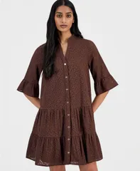 アンクライン レディース トップス シャツ ティアード コットン Anne Klein Womens Cotton Eyeletie red Swing Shirt Dress Dark Chocolのサムネイル