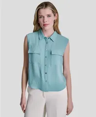 ダナ キャラン ニューヨーク レディース トップス シャツ ノースリーブ DKNY Womensleeveless Colla red Top Cameo Blue ブルーのサムネイル