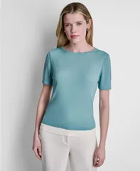 ダナ キャラン ニューヨーク レディース トップス シャツ クルーネック 半袖 DKNY WomenshortSleeve Crew Neck Top Cameo Blue Combo Coconutのサムネイル
