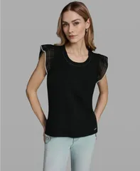カール ラガーフェルド レディース トップス シャツ クルーネック フリル KARLAGERFELD PARIS Womens RuffleSleeve Crewneck Top Black ブラックのサムネイル